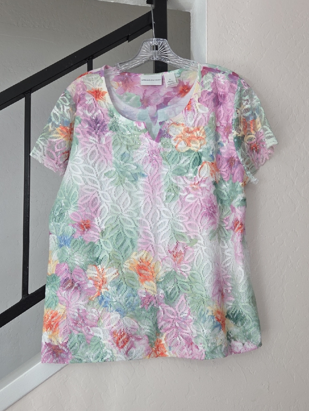 Alfred Dunner Pastel Floral Lace-Overlay Short Sleeve Top